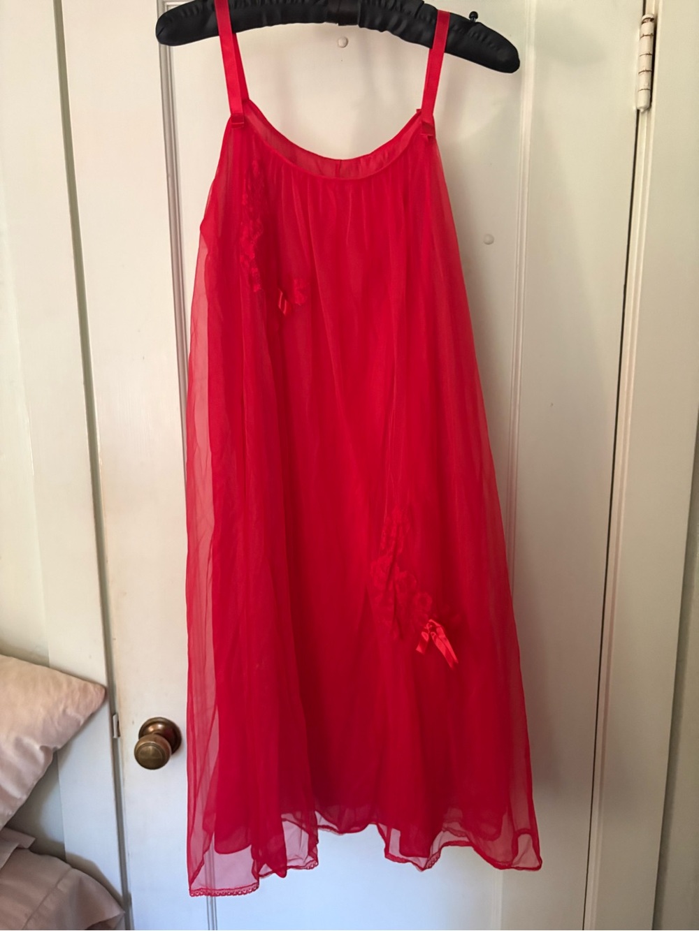 Vtg Van Raalte Red Chiffon Babydoll Dress Nylon Nightgown Size M